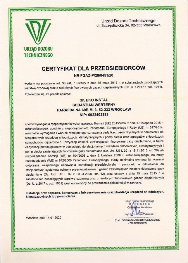 Certyfikat dla Przedsiębiorców Urząd Dozoru Technicznego