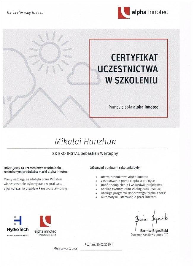 Certyfikat Uczestnictwa w szkoleniu Mikalai Hanzhuk alpha