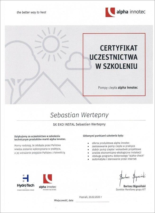 Certyfikat Uczestnictwa w szkoleniu Sebastian Wertepny alpha